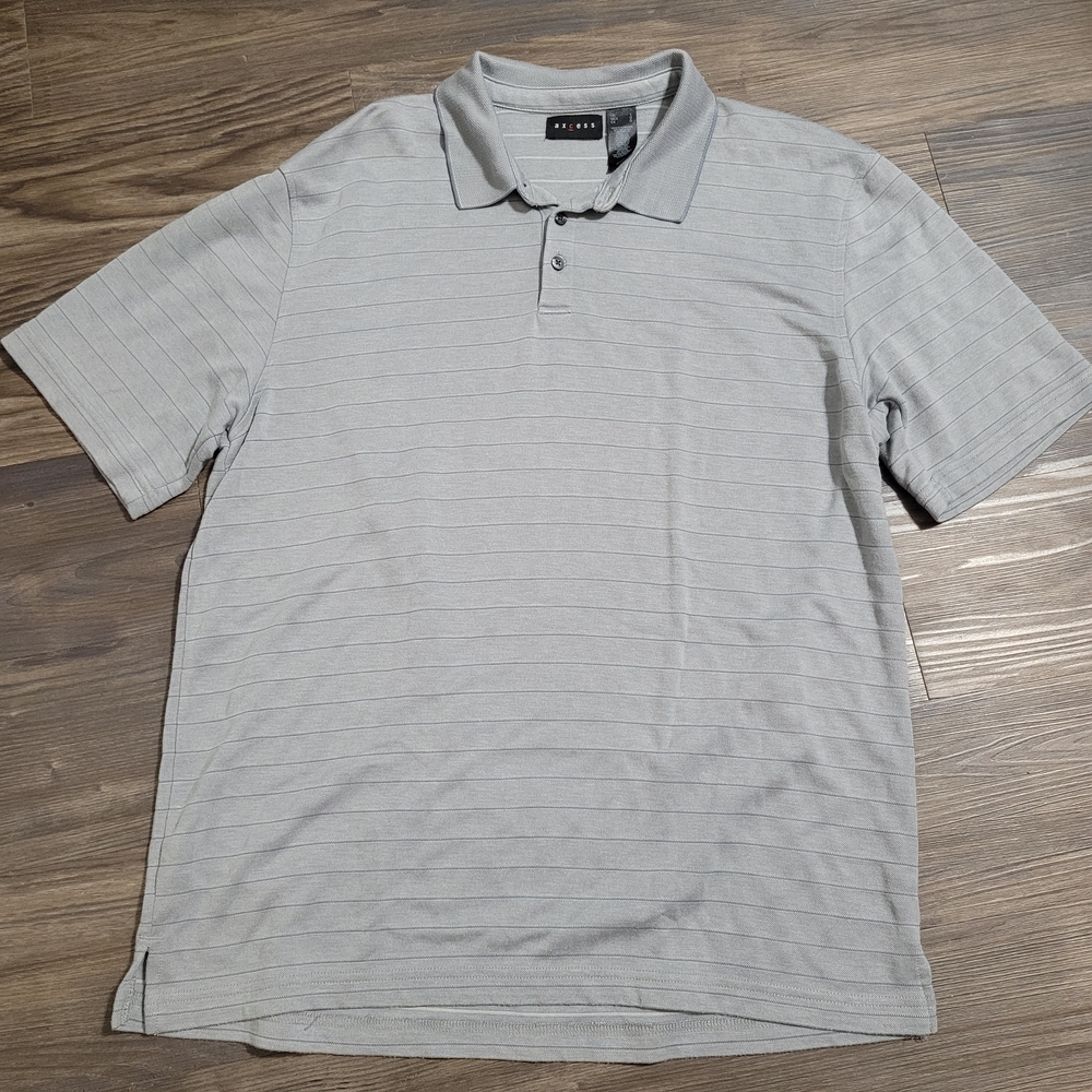 Axcess Men's Gray Polo Shirt Size Large Gray Striped Preppy Button Front